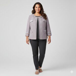 NEW, HALOGEN Wool Blend Tweed Blazer Embellished 3/4 Sleeve Snap Front, Gray- XL